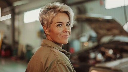 A smiling woman with short blonde hair wearing a beige jacket standing in a garage with a car's hood open in the background.