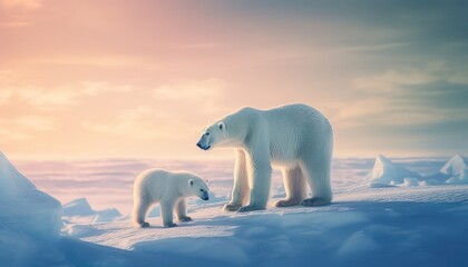 Mother and baby polar bears relax walks in extreme winter weather, polar bears family standing above snow with a view of the frost mountains