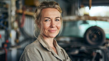 A smiling woman with blonde hair wearing a beige shirt standing in a workshop with a blurred background of automotive parts and tools.