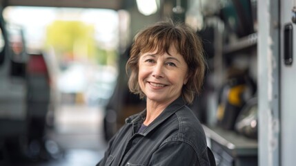 Smiling woman with short hair wearing a dark jacket standing in a workshop with blurred background of vehicles and equipment.