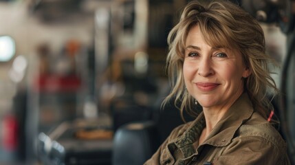 A woman with short blonde hair wearing a brown jacket sitting in a dimly lit room with a warm ambiance smiling gently at the camera.