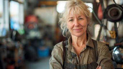Woman with blonde hair wearing a brown shirt and suspenders standing in a workshop with tools and equipment in the background.