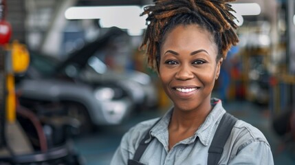 A smiling woman with braided hair wearing a gray mechanic's jumpsuit standing in a garage with a car on a lift in the background.