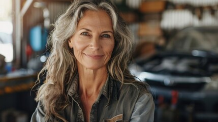 A woman with gray hair smiling wearing a denim shirt standing in a workshop with blurred tools and equipment in the background.