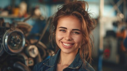Young woman with a radiant smile wearing a denim jacket standing in a workshop with a blurred background of mechanical parts and tools.