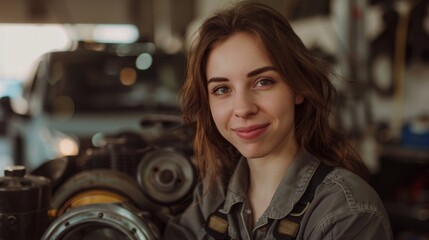 Young woman with brown hair smiling wearing a grey shirt with suspenders standing in a workshop with automotive parts in the background.
