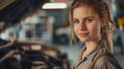 Young woman with blonde hair wearing a grey shirt standing in a garage with a car in the background smiling at the camera.
