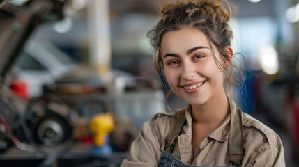 Young woman with a radiant smile wearing a beige shirt and blue overalls standing in a workshop with blurred tools and equipment in the background.