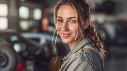 Young woman with blonde braids smiling wearing a light-colored jacket standing in a blurred garage or workshop setting.