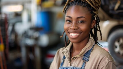 Smiling young woman with braided hair wearing a beige shirt and blue overalls standing in a workshop with blurred background of tools and equipment.