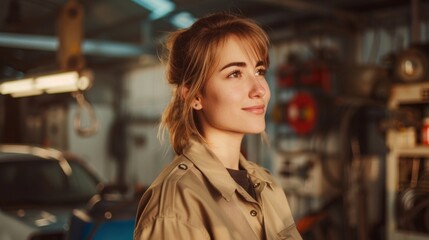 Young woman with short hair smiling wearing a beige jacket standing in a garage with a car in the background and various tools and equipment.