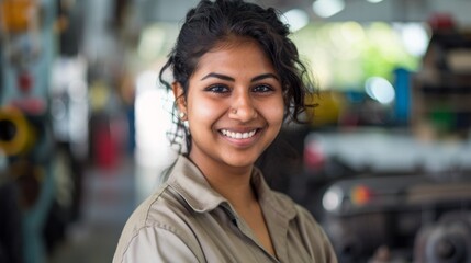 Smiling woman in mechanic's shop wearing apron standing in front of blurred machinery.