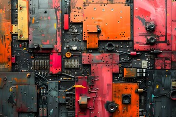Fototapeta premium Intricate Circuit Board Composition with Vibrant Colors and Textures