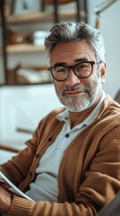 Fototapeta premium A man with a beard and glasses wearing a brown sweater over a white shirt sitting in a modern room with shelves in the background.