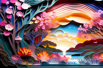 rainbow and flowers, pop up book sculpture paper cutout layers wallpaper, mystical nature background