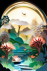 landscape with the moon and birds, pop up book sculpture paper cutout layers wallpaper, mystical nature background