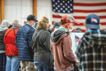 A group of people standing in line to vote at voting booths with American flags on them, inside a room with a large American flag on the wall 