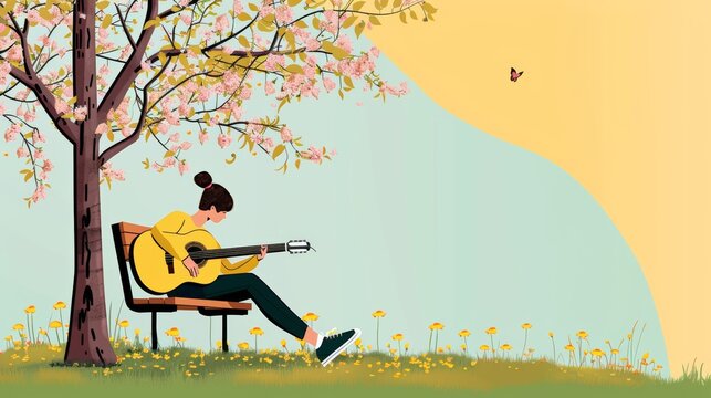 Person playing guitar under tree at spring. Seamless looping time-lapse 4k video animation background. anime illustrations. Illustrations