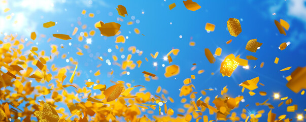 A burst of yellow confetti falling in front of a vibrant blue sky, each piece glistening in the light.
