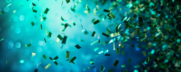 Dark green confetti floating down in front of a vibrant blue backdrop, creating a festive display.
