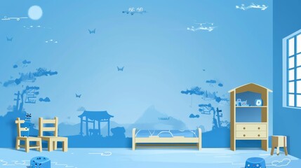 Modern children's bedroom interior in anime cartoon style. Seamless looping 4K virtual animated video background. anime illustrations. Illustrations