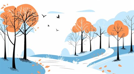 Summer scenery. Autumn forest path. Orange color tree, Nature scene in sunset. Cartoon or anime illustration video style background. anime illustrations. Illustrations