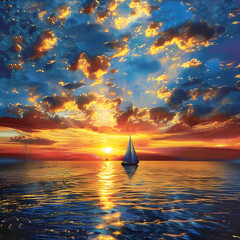 Captivating Seascape with Vibrant Sunset and Sleek Sailing Boat Silhouette Vividly Painted Across the Horizon