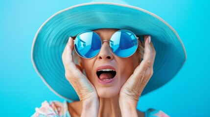 Woman in Blue Sunhat and Sunglasses