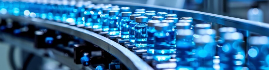 A pharmaceutical production line shows blue glass vials moving on a conveyor belt, highlighting sterile manufacturing of medicine. The industry uses automation for quality control