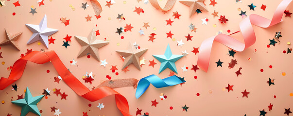 Festive short ribbons and sparkling paper stars with confetti on a radiant peach background.