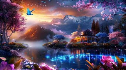 Vibrant Color of A Beautiful Fantasy Anime Village Landscape Background or Wallpaper. anime illustrations. Illustrations