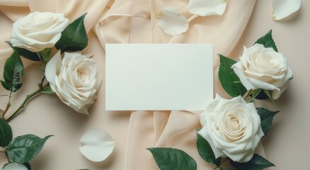 White Roses and Blank Card on Beige Background
