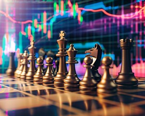  In the confluence of chess and finance, a board set against a stock graph background vibrates with the sound of thunderclaps