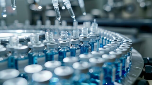 A closeup view of a pharmaceutical production line in a laboratory with vials and syringes. Automated equipment fills glass vials with precision, showing advanced medicine manufacturing technology