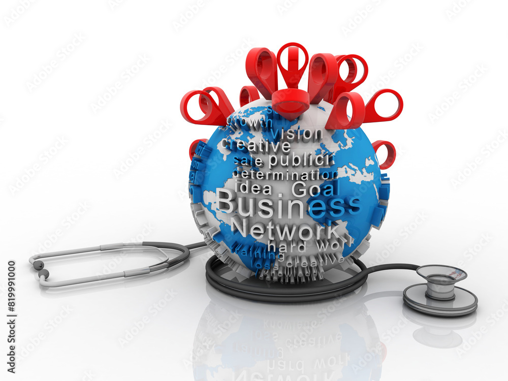 Poster 3d rendering red map pointer in world protection stethoscope