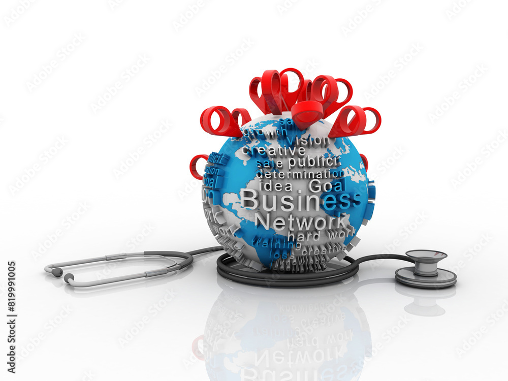 Poster 3d rendering red map pointer in world protection stethoscope
