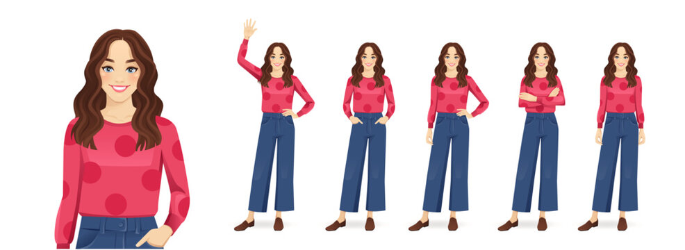 Young beautiful woman with curly hair standing in different poses. Isolated vector illustration set.