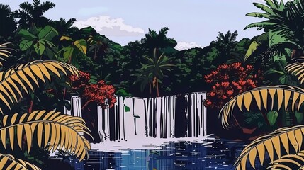 Exotic tropical forest, flowing rivers, waterfall and beautiful plants. Seamless looping 4k time-lapse video animation background. anime illustrations. Illustrations