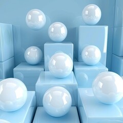 3D white balls on a background of 3D blue cubes. Geometric composition, design for interior decoration, graphic fantasy, printing on fabric, paper.