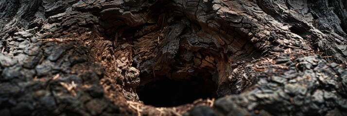 Dark hollow in an old tree trunk surrounded by textured bark in a forest.
