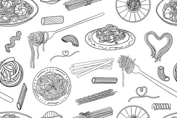 Seamless pattern of pasta, Italian cuisine, spaghetti and fork with spaghetti. Pasta time. Pasta lover. Doodle style. Hand drawn. Great for menu design, banners, sites, packaging. Vector illustration