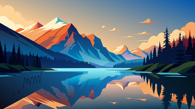 An illustration of mountain lake with perfect reflection during summer time