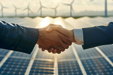a firm handshake between business leaders with a superimposed background of solar panels and wind turbines, symbolizing a strong agreement on renewable energy initiatives