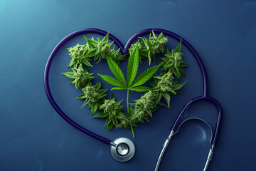 A heart shape made from cannabis buds and leaves, framed by a stethoscope on blue background.