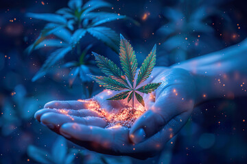 A hand holding a glowing cannabis plant against blue background.