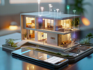 A modern smart home model with interconnected rooms and Wi-Fi signals, displayed next to a smartphone. The scene emphasizes smart technology and home automation.