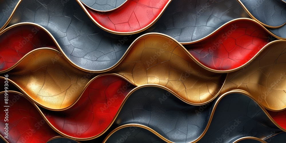 Poster 3d rendering of red, black, and gold interlocking waves aig51a.