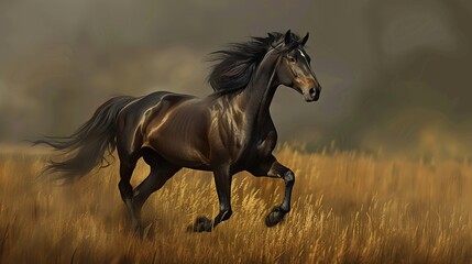 A painting of a palomino horse with long white mane galloping on a background of swirling gold.

