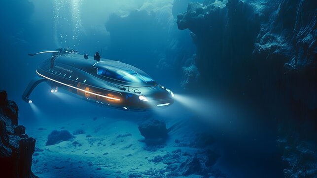 A futuristic submarine exploring an alien ocean