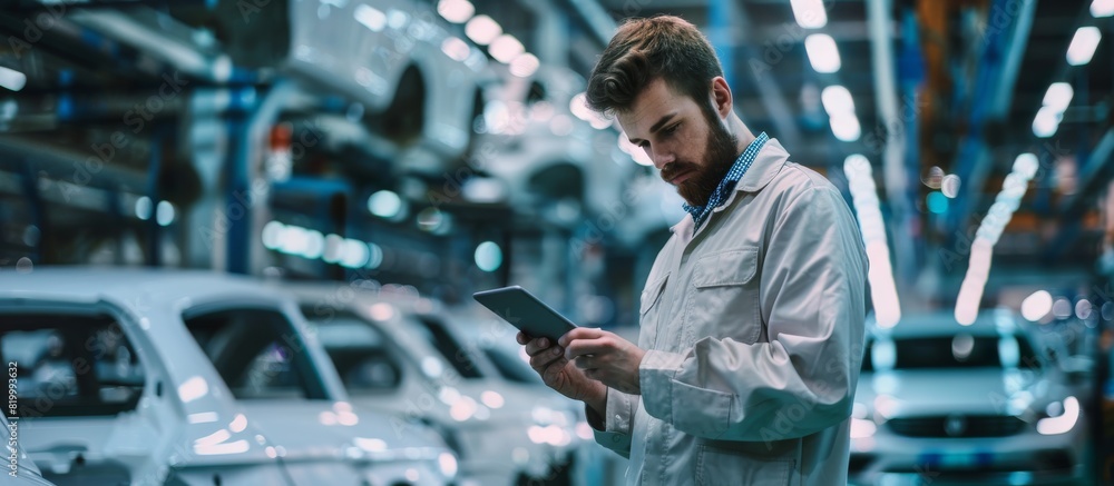 Poster An engineer at a car factory uses a tablet for quality control, automation, and inspection. Modern factories utilize automation and digital interfaces to enhance efficiency in manufacturing processes